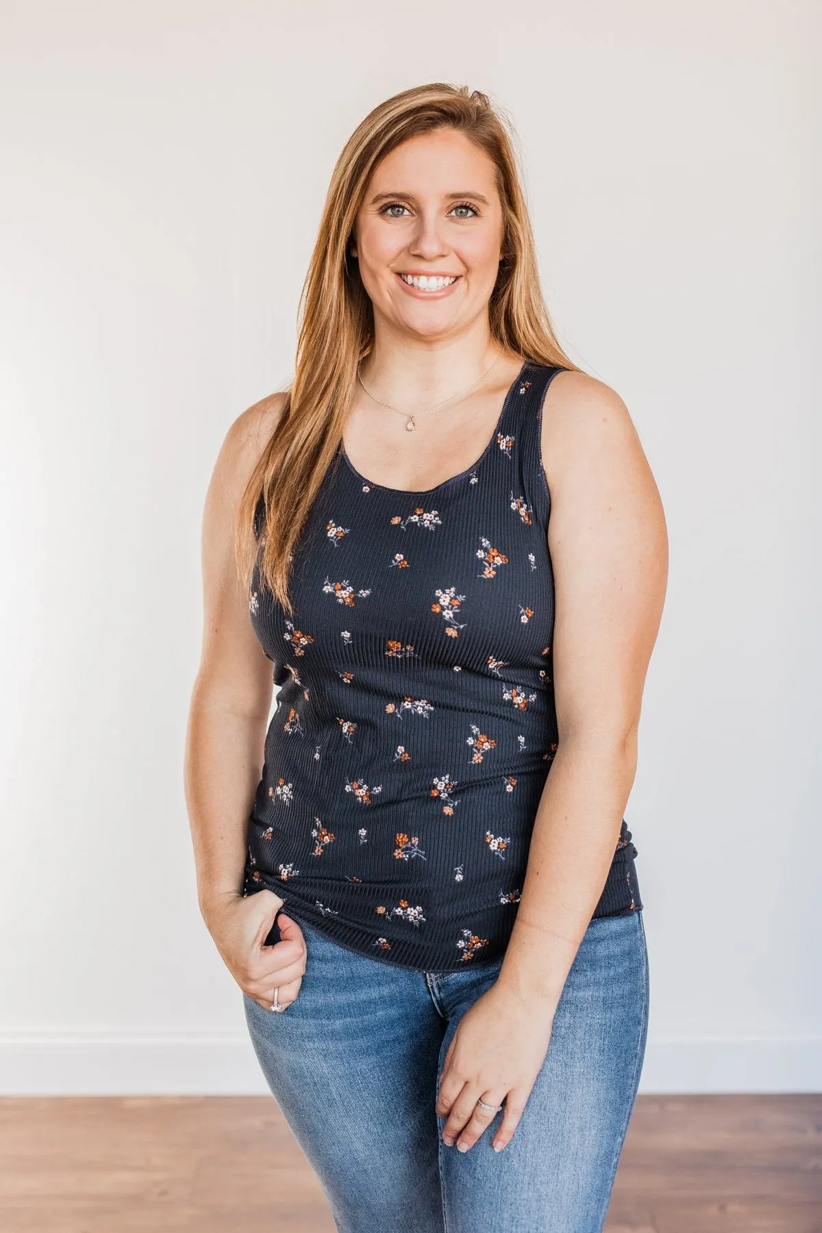 Had Me At Hello Floral Tank Top- Navy