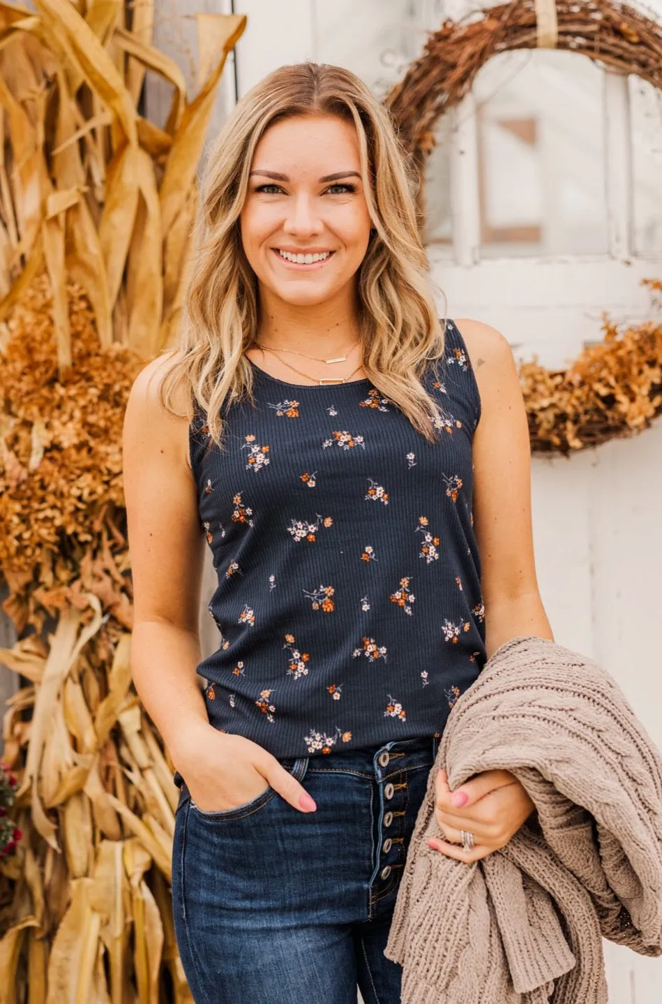 Had Me At Hello Floral Tank Top- Navy
