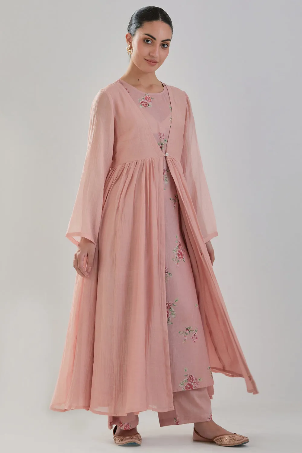 Handwoven Chanderi Anarkali Set In Old Rose