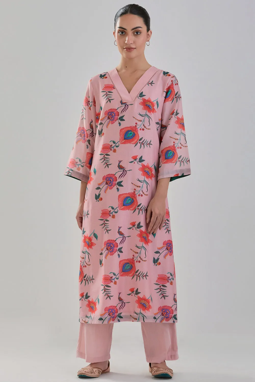 Handwoven Chanderi Kurta Set In Old Rose