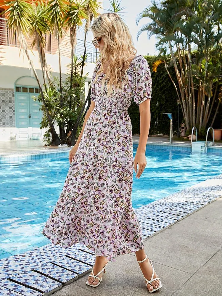 Hazel Blues® |  Printed Square Neck Short Sleeve Midi Dress