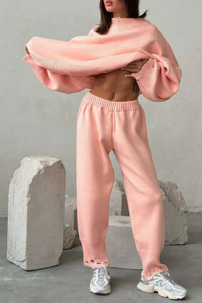HUR1063 Oversized Knit Pullover and Jogger Set