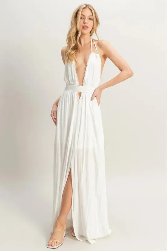 HYFVE Halter Neck Fitted Waist Flowy Maxi Dress