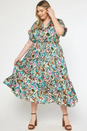 Ivory   Teal Mosaic Print Flowy Midi Dress