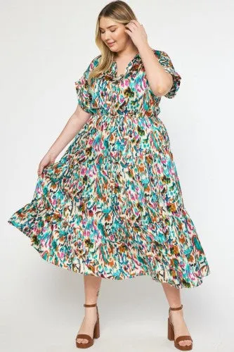 Ivory   Teal Mosaic Print Flowy Midi Dress