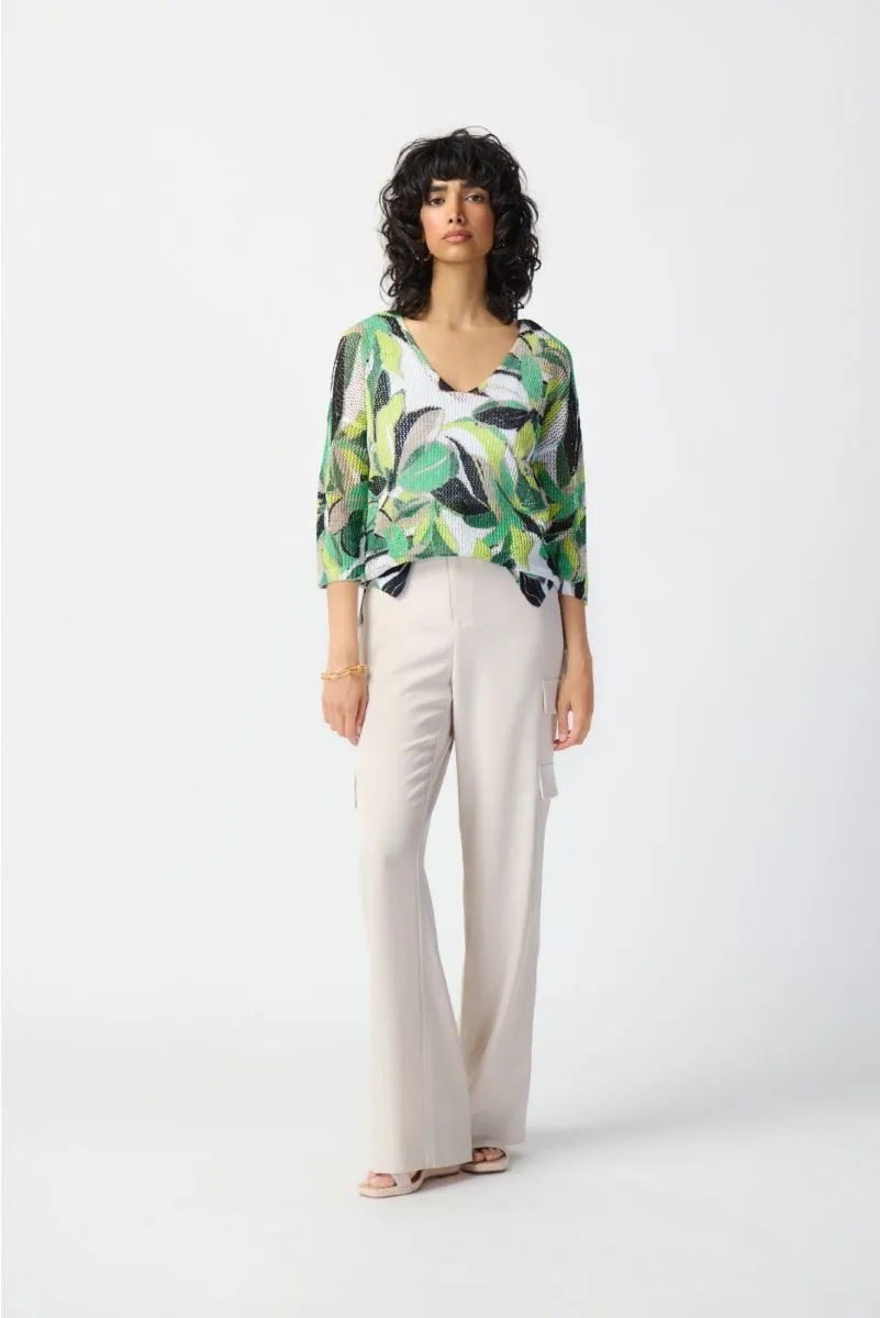 Joseph Ribkoff Vanilla/Multi Leaf Print 3/4 Sleeve Crochet Sweater Top 241918