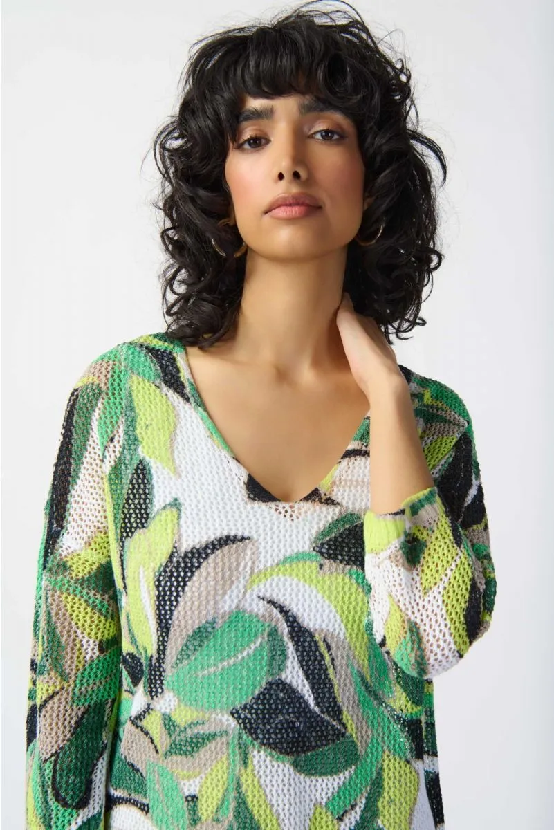 Joseph Ribkoff Vanilla/Multi Leaf Print 3/4 Sleeve Crochet Sweater Top 241918