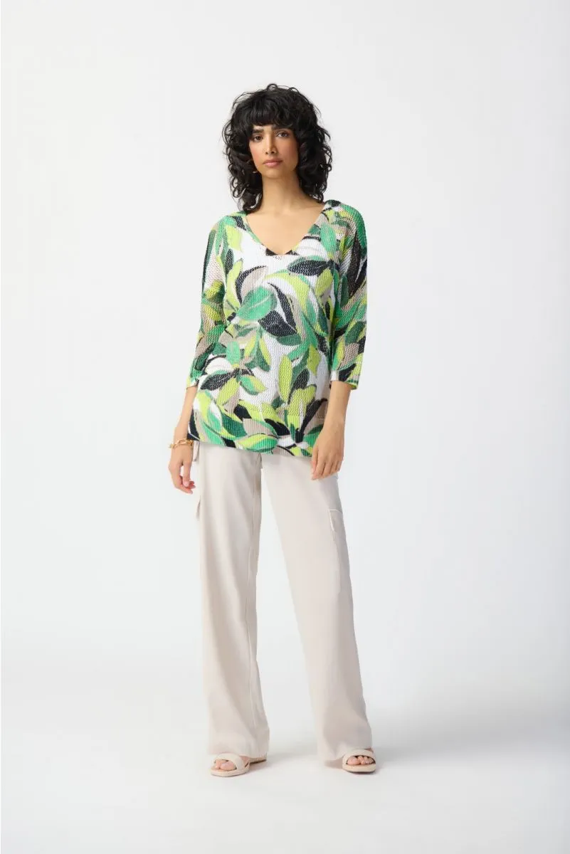 Joseph Ribkoff Vanilla/Multi Leaf Print 3/4 Sleeve Crochet Sweater Top 241918