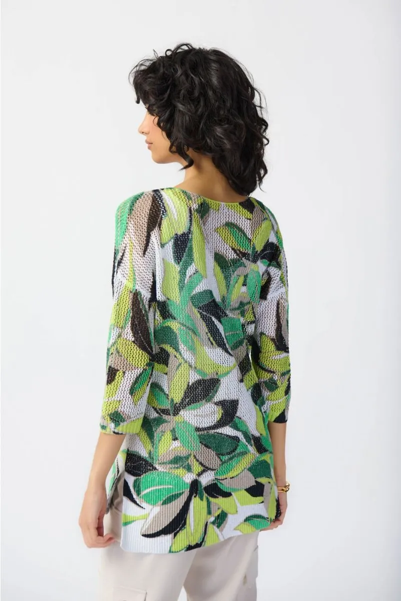 Joseph Ribkoff Vanilla/Multi Leaf Print 3/4 Sleeve Crochet Sweater Top 241918
