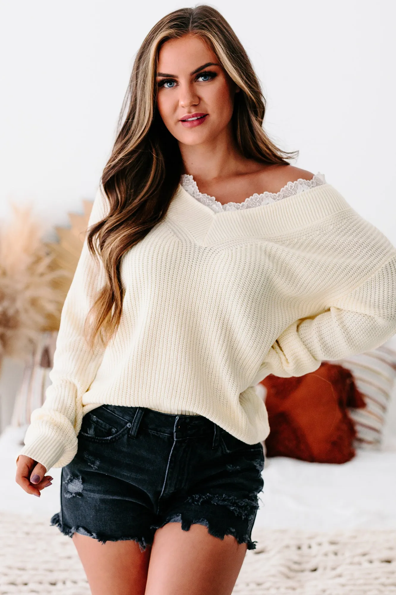 Jump In Lace Trimmed V-Neck Sweater (Cream)