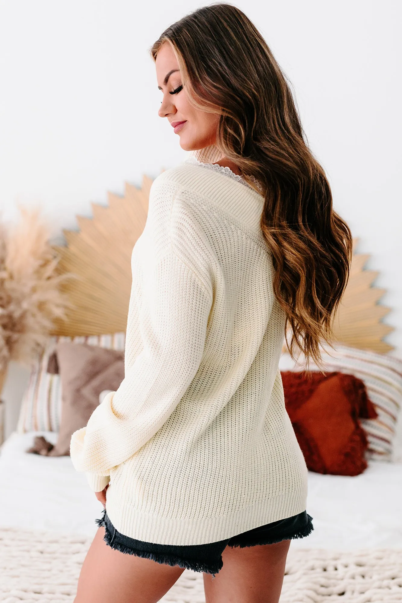 Jump In Lace Trimmed V-Neck Sweater (Cream)