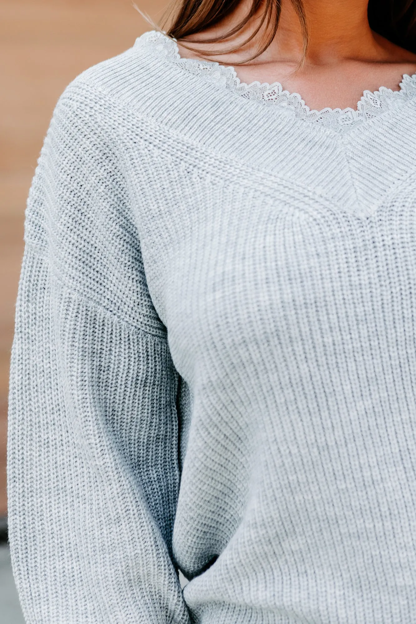 Jump In Lace-Trimmed V-Neck Sweater (Grey)