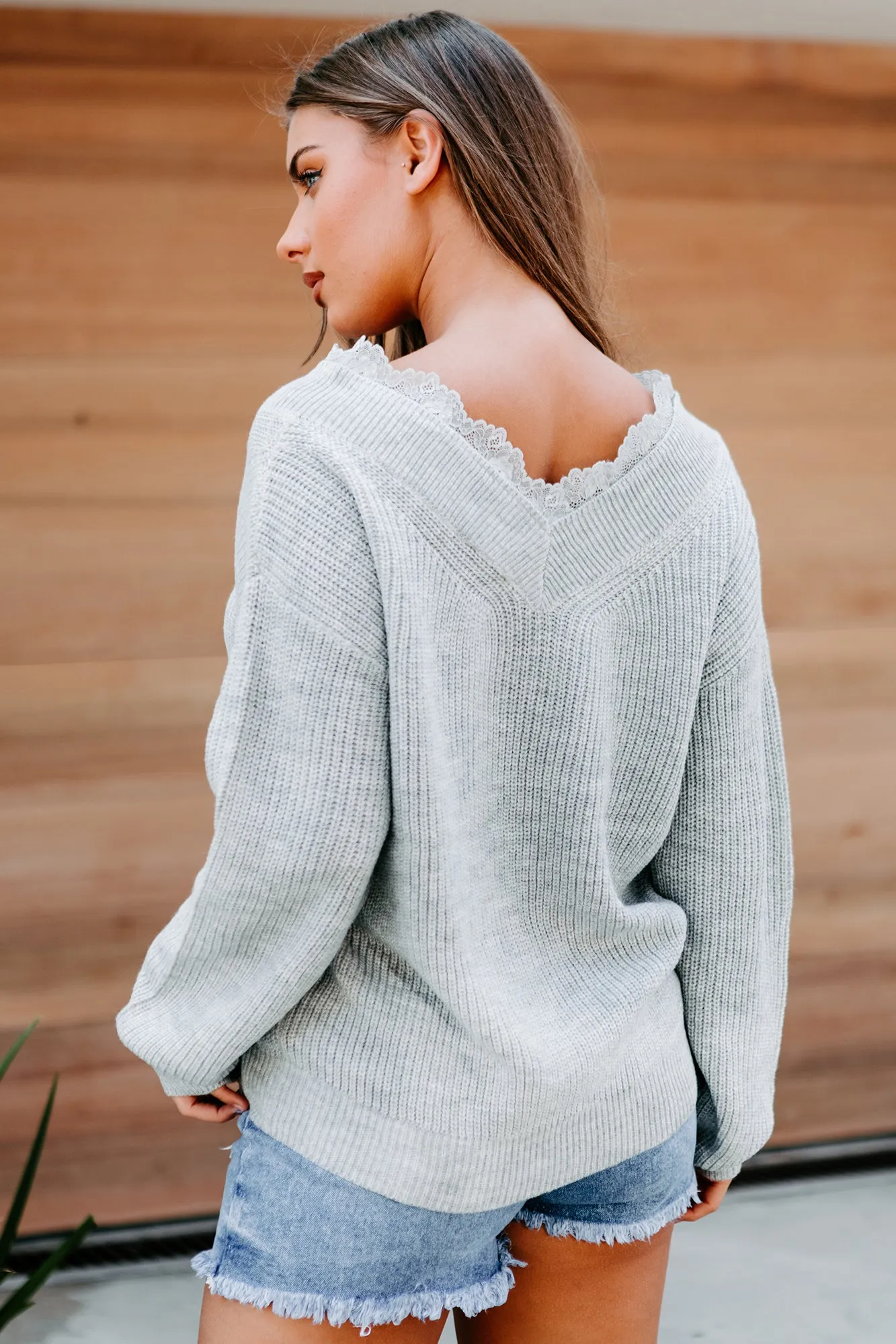 Jump In Lace-Trimmed V-Neck Sweater (Grey)