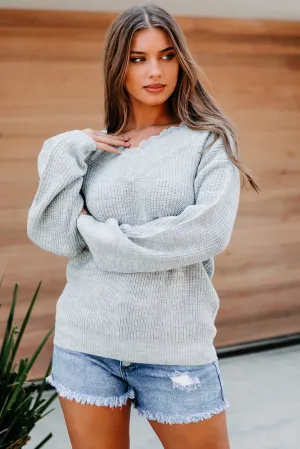 Jump In Lace-Trimmed V-Neck Sweater (Grey)