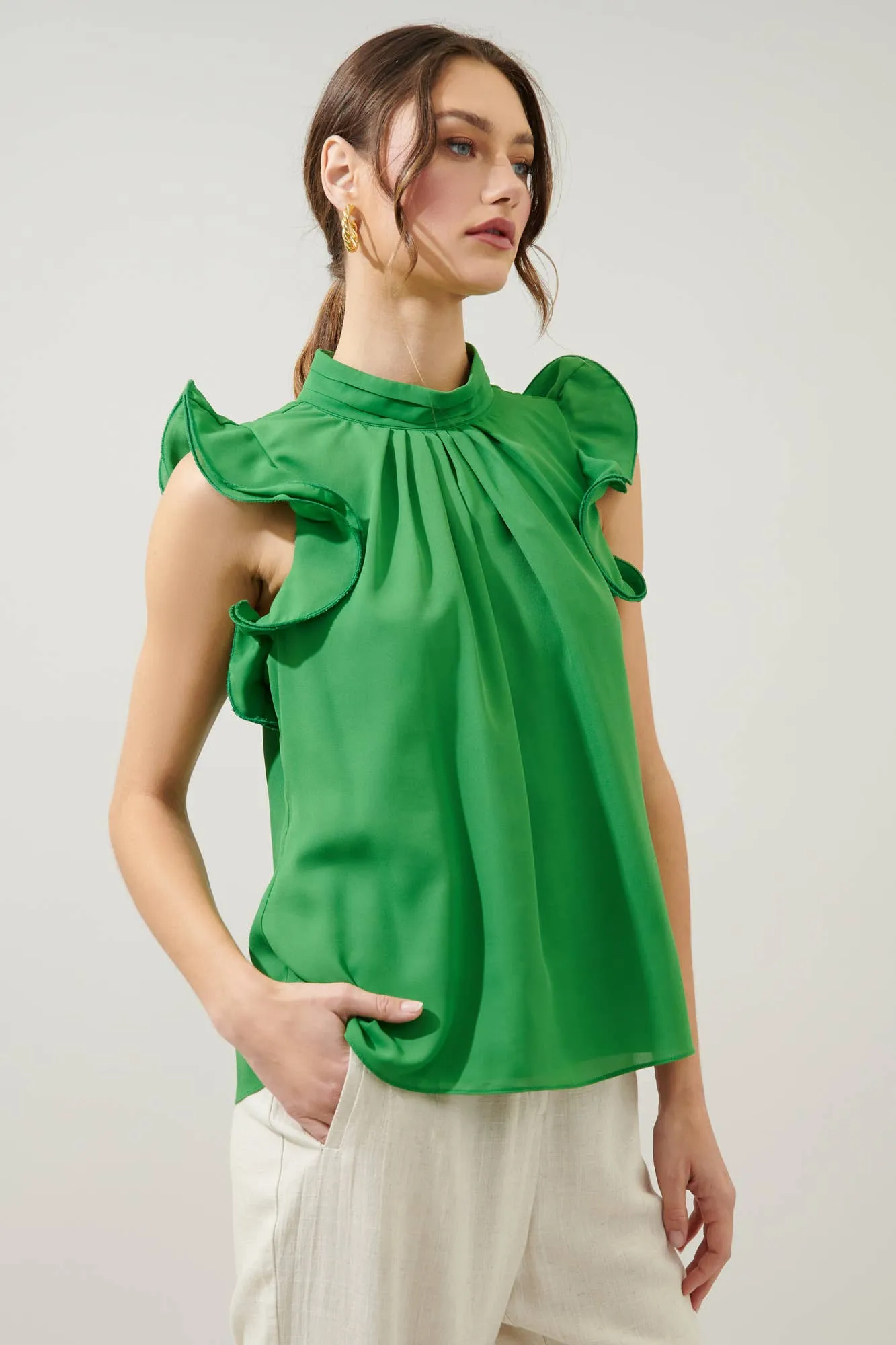 Kendra Mock Neck Wire Ruffle Sleeve Blouse: Kelly-Green