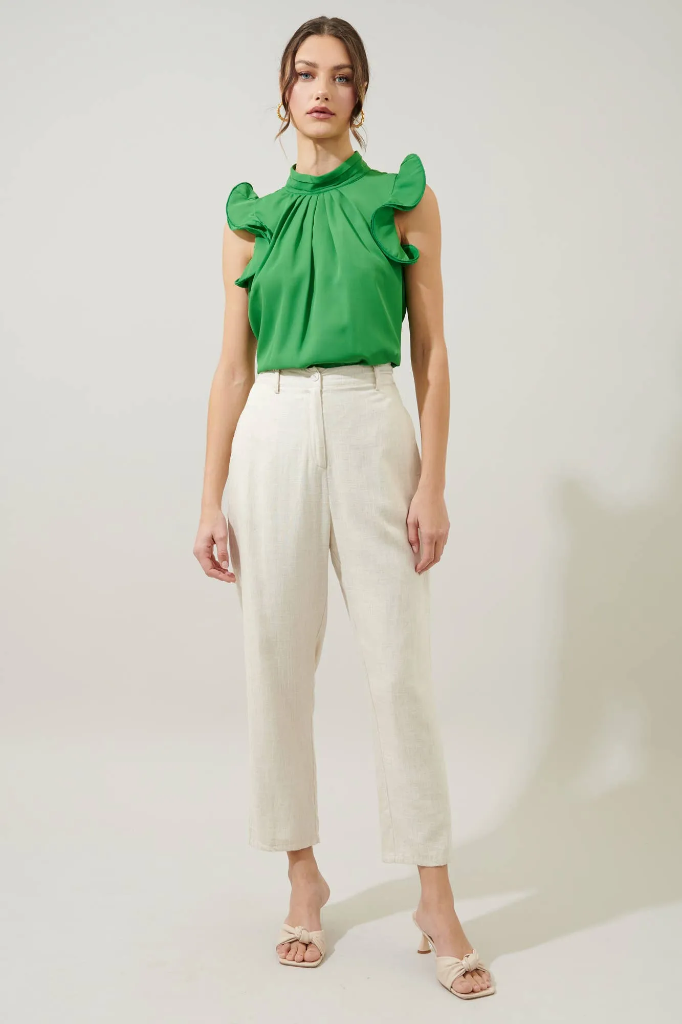 Kendra Mock Neck Wire Ruffle Sleeve Blouse: Kelly-Green