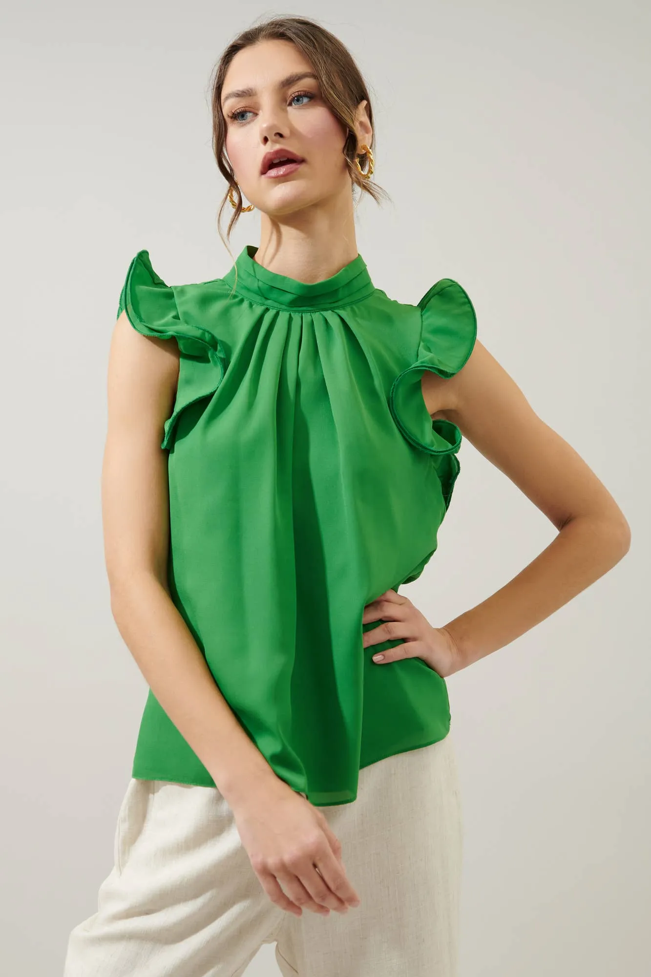 Kendra Mock Neck Wire Ruffle Sleeve Blouse: Kelly-Green