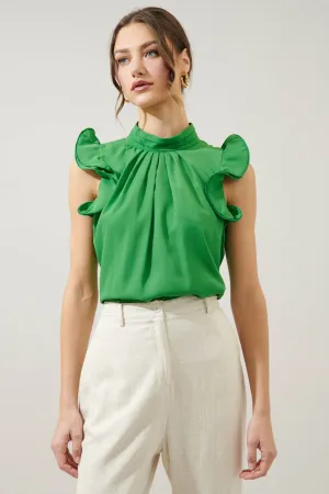 Kendra Mock Neck Wire Ruffle Sleeve Blouse: Kelly-Green
