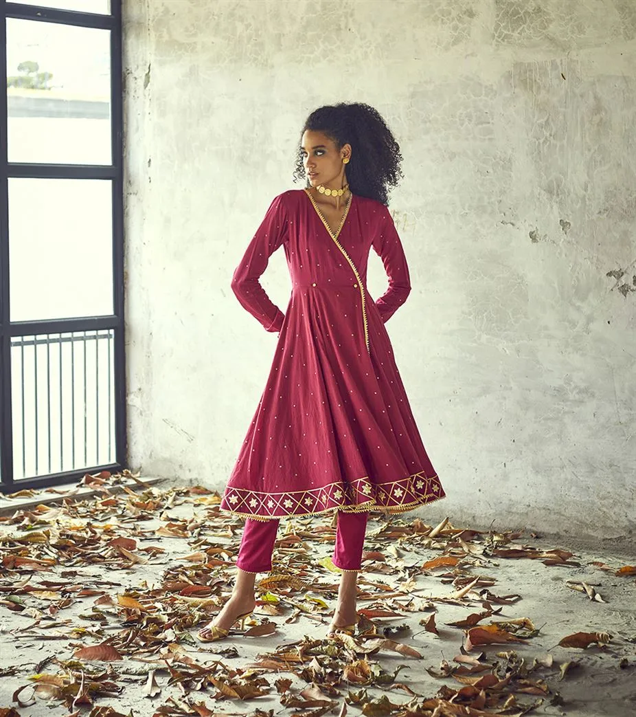Khara Kapas Battery Park wrap anarakali gold dots gota Angoori kurta set of 2 KW623 Festive