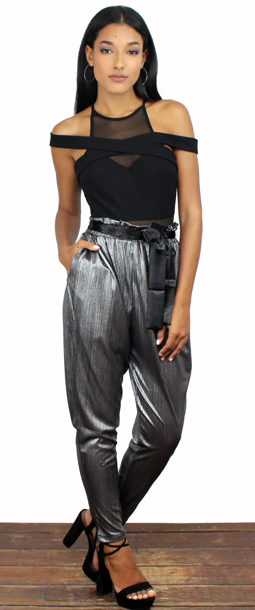Kick it High Waist Silver Metallic Pants