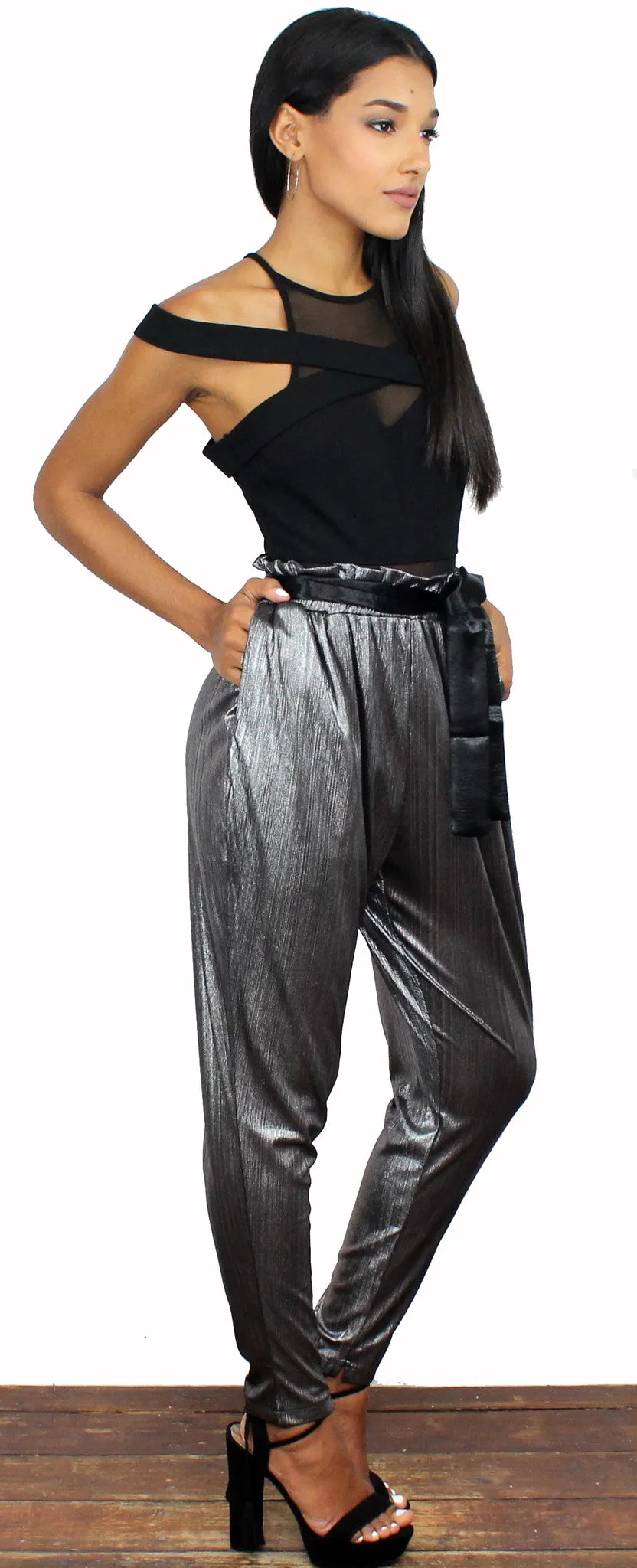 Kick it High Waist Silver Metallic Pants