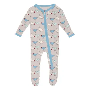 Kickee Pants Print Classic Footie with 2 Way Zipper- Latte Chickens