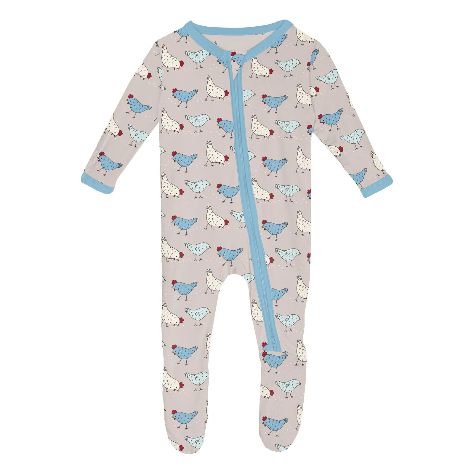 Kickee Pants Print Classic Footie with 2 Way Zipper- Latte Chickens