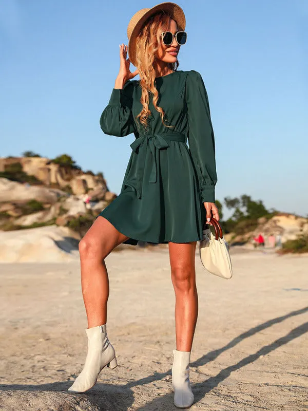 Lace-up Mini Dress with Belted Waist and Puff Sleeves