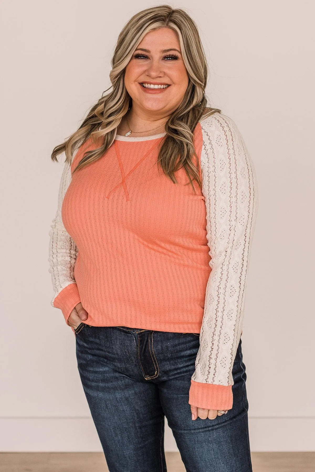 Laced With Love Crochet Knit Top- Coral & Ivory