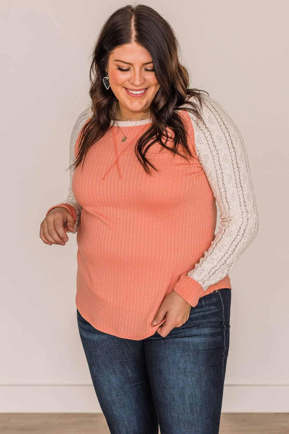 Laced With Love Crochet Knit Top- Coral & Ivory