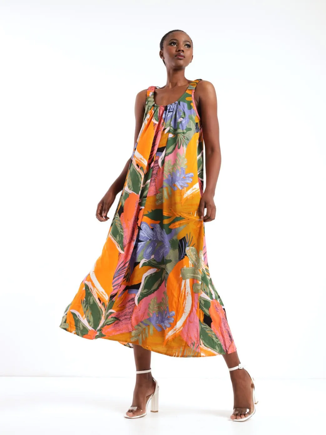 Ladies Sleeveless Arty Leaf Flowy Midi Dress