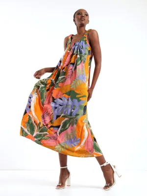 Ladies Sleeveless Arty Leaf Flowy Midi Dress