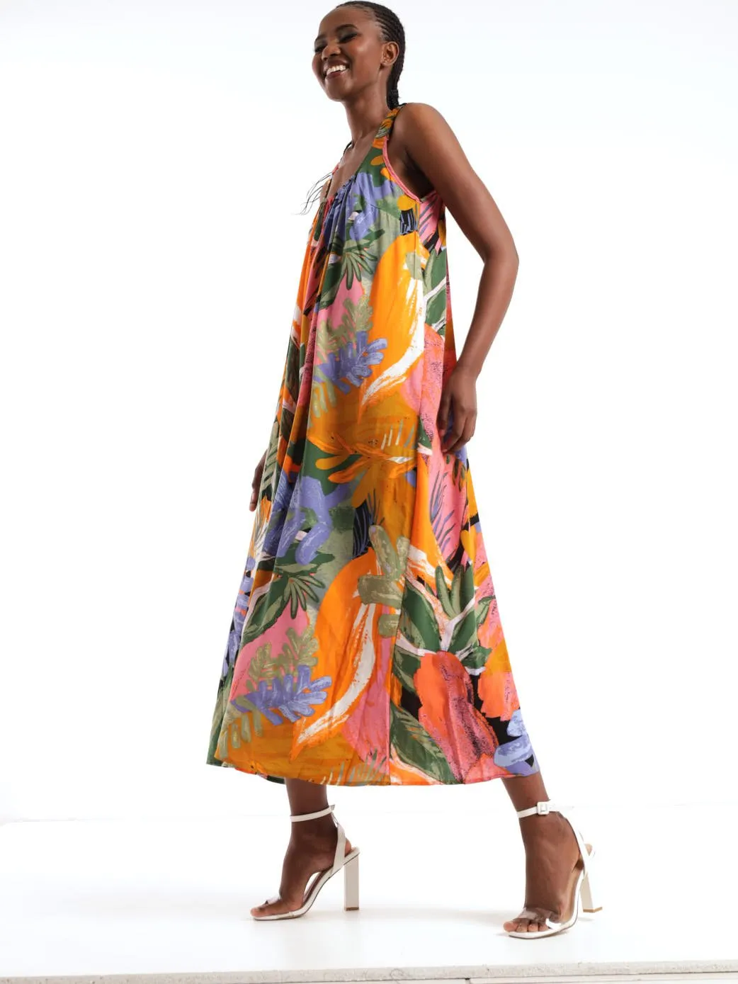 Ladies Sleeveless Arty Leaf Flowy Midi Dress