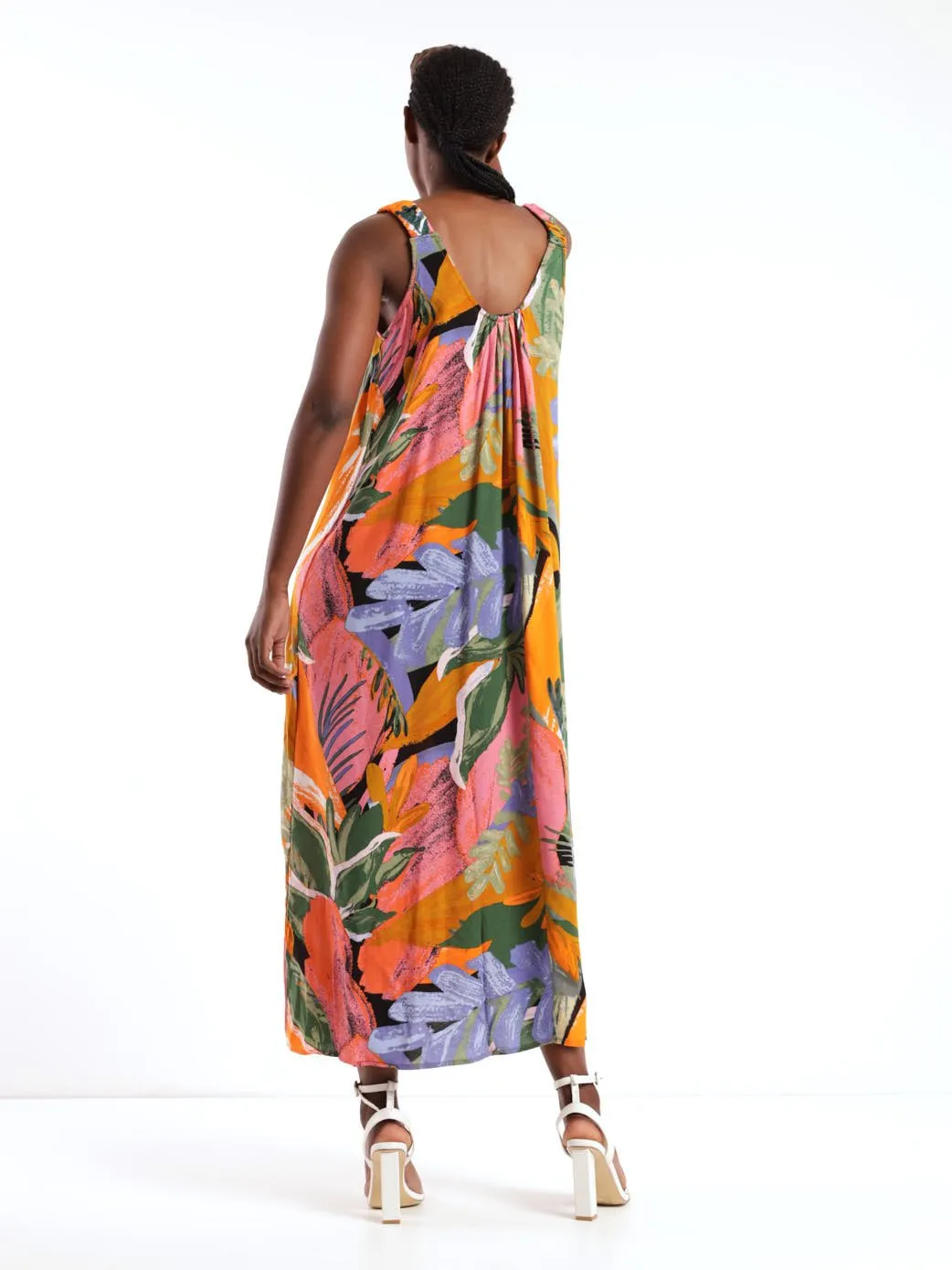 Ladies Sleeveless Arty Leaf Flowy Midi Dress