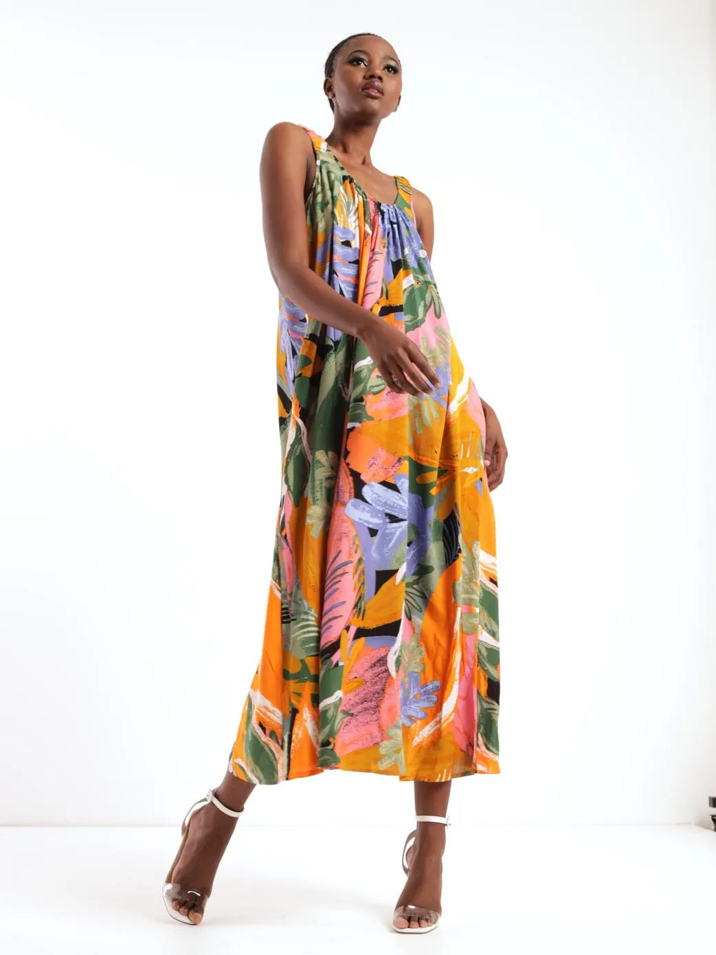 Ladies Sleeveless Arty Leaf Flowy Midi Dress