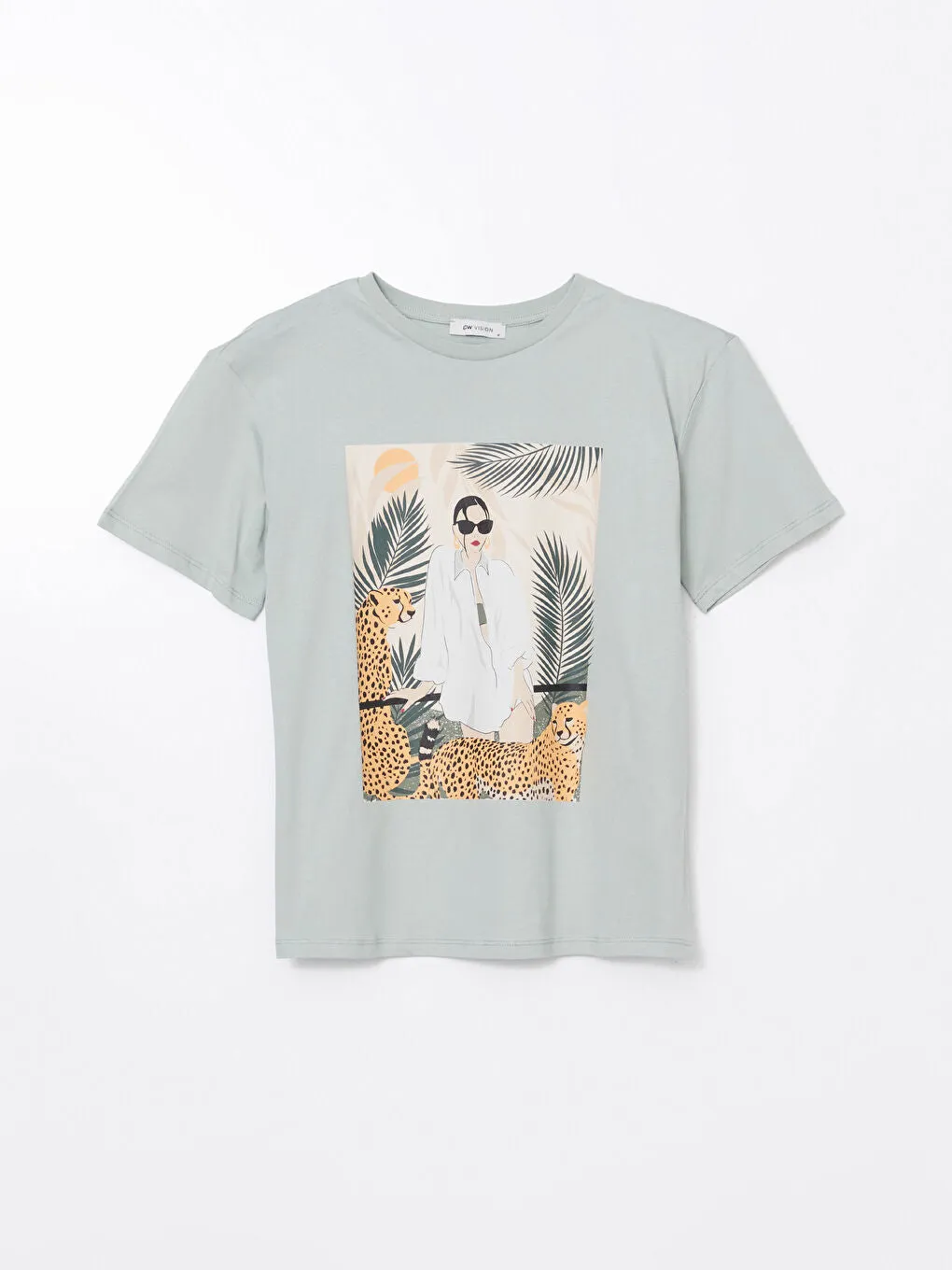 LCW Vision Green Crew Neck Printed Women T-Shirt