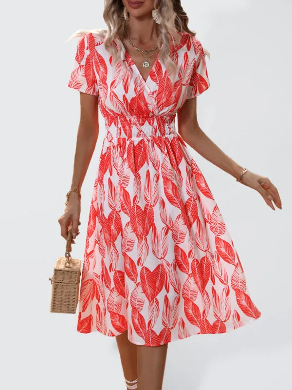 Leaf Print V-neck Midi Dress with Cinched Waist