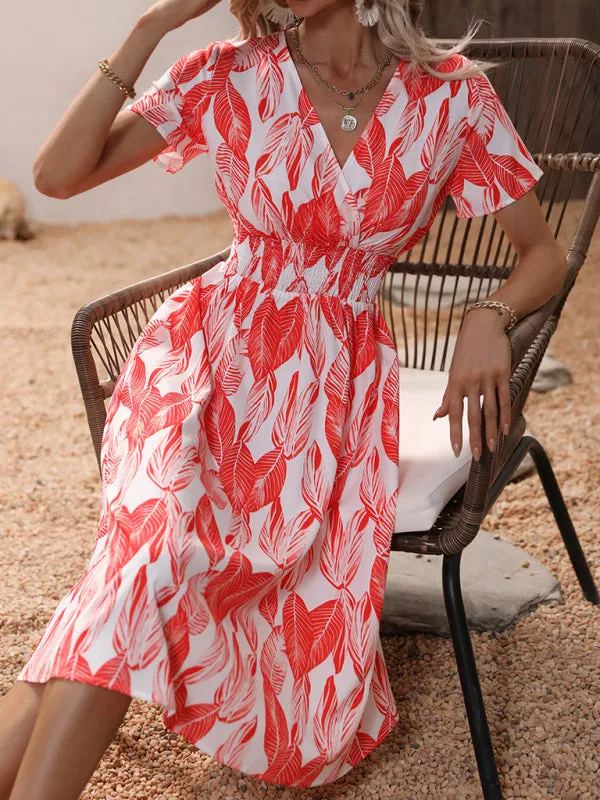 Leaf Print V-neck Midi Dress with Cinched Waist