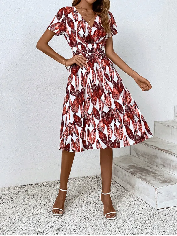 Leaf Print V-neck Midi Dress with Cinched Waist