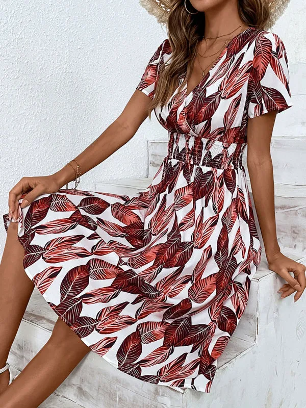 Leaf Print V-neck Midi Dress with Cinched Waist