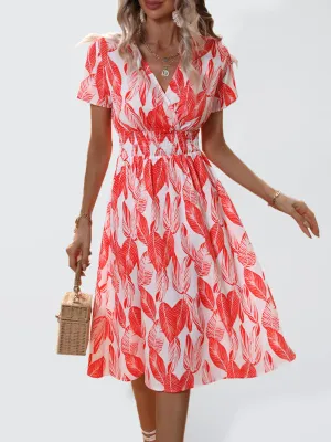 Leaf Print V-neck Midi Dress with Cinched Waist