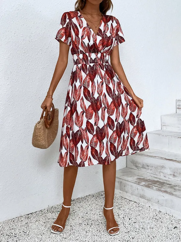 Leaf Print V-neck Midi Dress with Cinched Waist