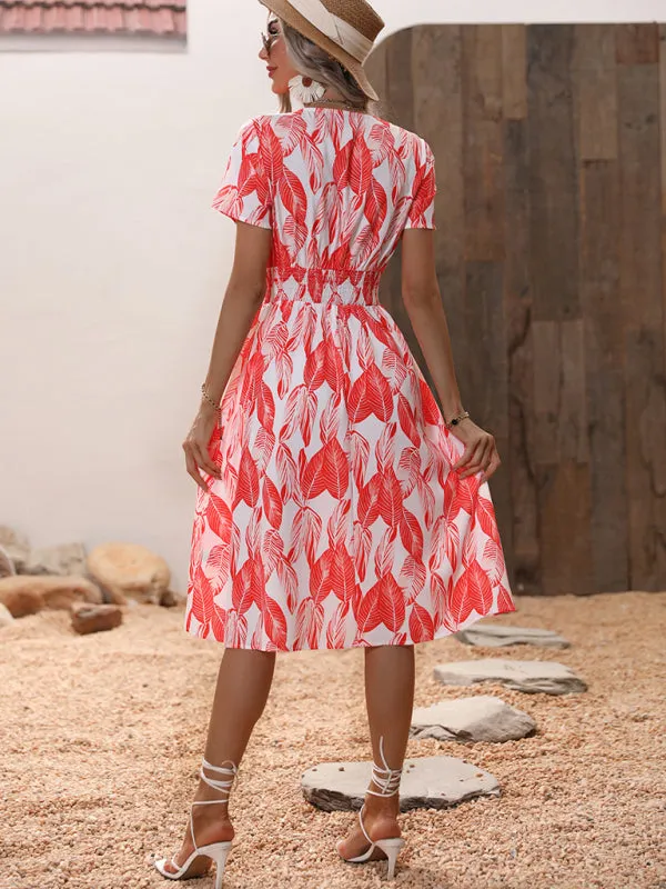 Leaf Print V-neck Midi Dress with Cinched Waist