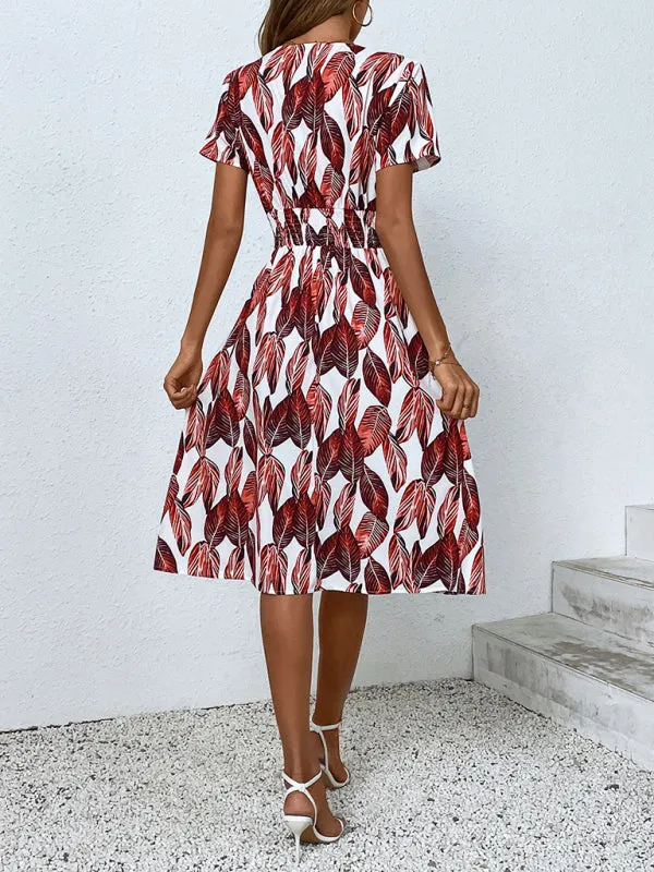 Leaf Print V-neck Midi Dress with Cinched Waist