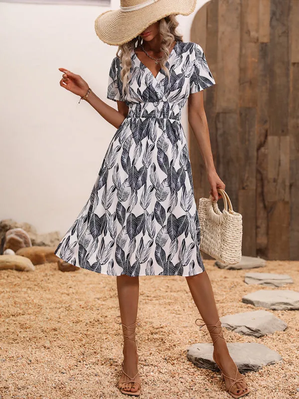 Leaf Print V-neck Midi Dress with Cinched Waist