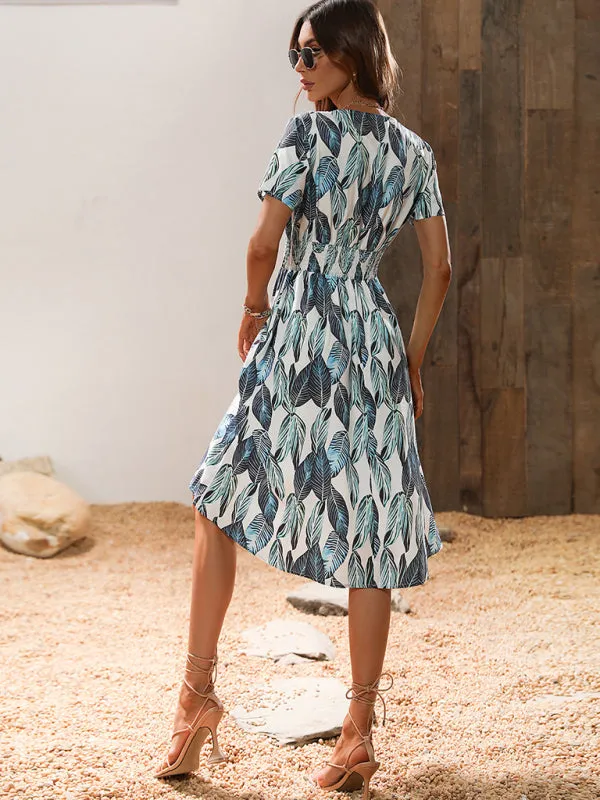 Leaf Print V-neck Midi Dress with Cinched Waist