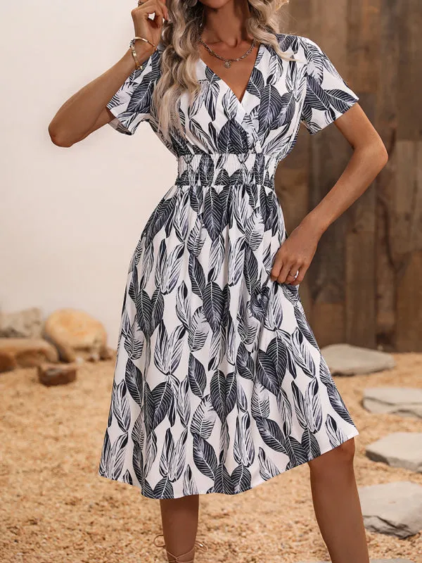 Leaf Print V-neck Midi Dress with Cinched Waist