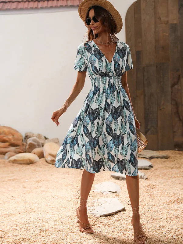 Leaf Print V-neck Midi Dress with Cinched Waist