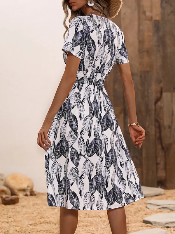 Leaf Print V-neck Midi Dress with Cinched Waist