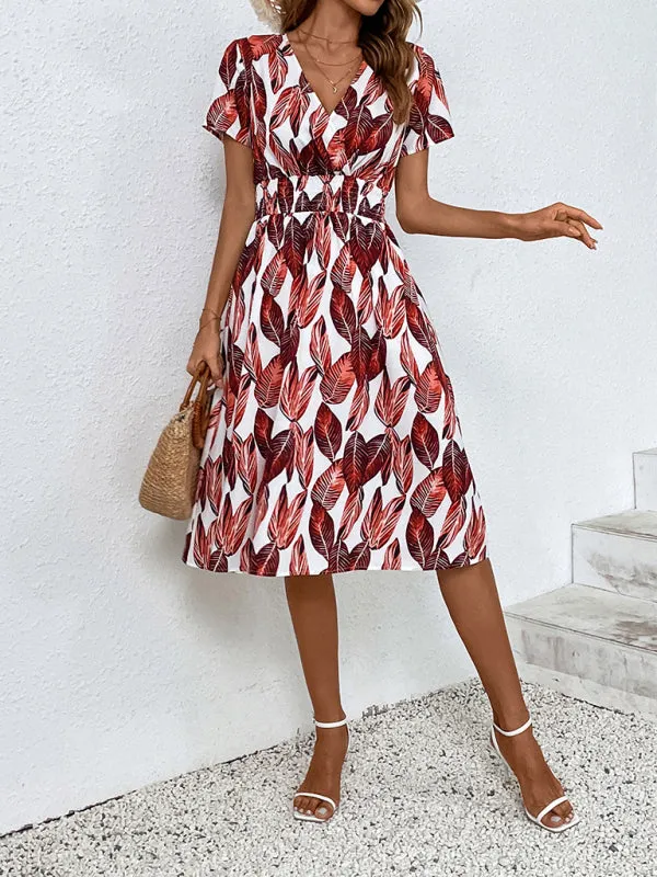 Leaf Print V-neck Midi Dress with Cinched Waist